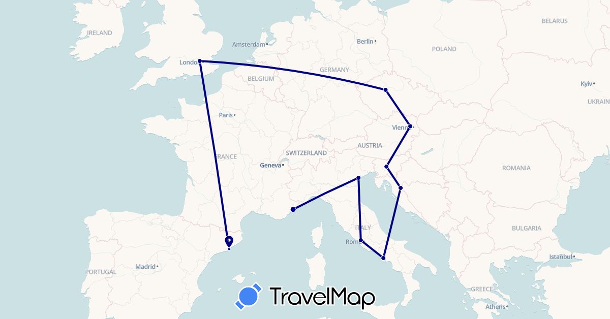 TravelMap itinerary: driving in Austria, Czech Republic, Spain, France, United Kingdom, Croatia, Italy, Slovenia (Europe)